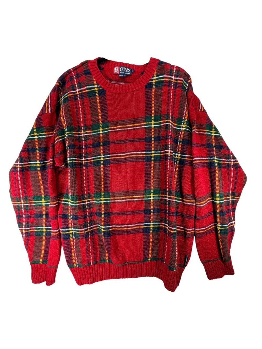 Vtg Chaps Ralph Lauren Red Tartan Plaid Sweater Linen L Mens Crewneck Ribbed 90s